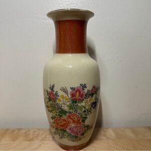 Vintage Hand Decorated Japan Floral Vase 10” Crackle Glaze Oriental Style
